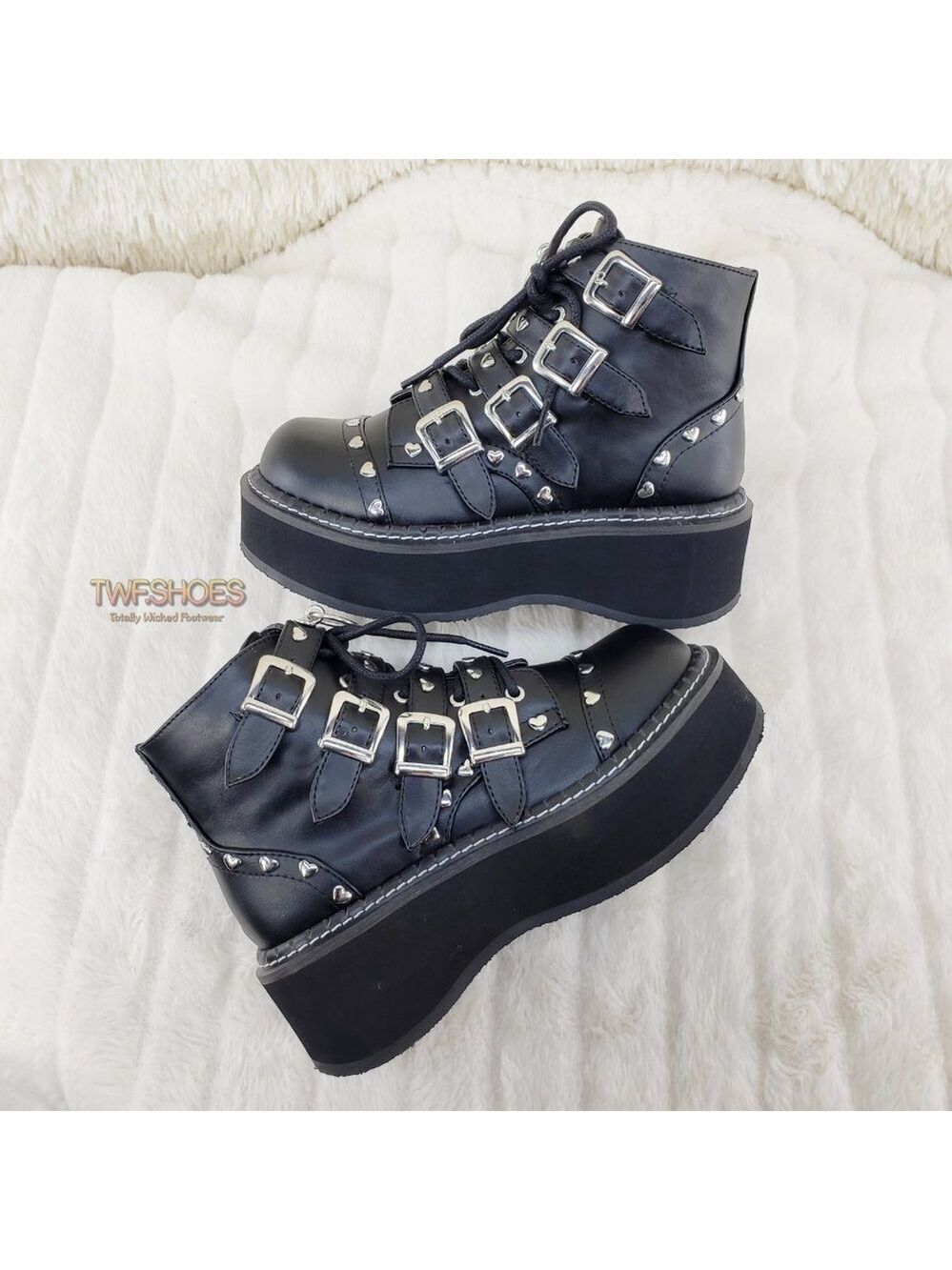 Demonia Goth Heart Stud 2" Platform Ankle Boots